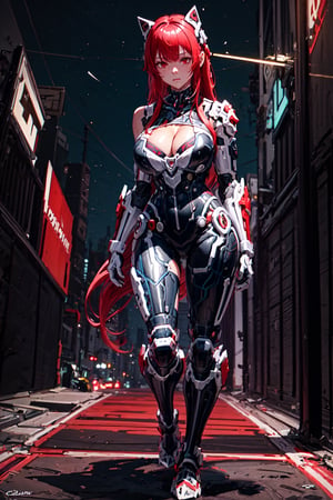 masterpiece,  best quality, 1girl, solo, large breasts, bare arms,  outdoors,  night  sky, sitting, hand on hip, cleavage cutout,  steel armor, long hair, bangs, red eyes, red hair, High detailed, Epic Logo, Cyber punk
