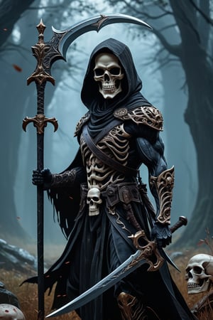 (​masterpiece、top-quality、top-quality、 Aesthetic:1.2)、(1man in:1.3)、Skull face grim reaper wielding a sword and scythe. very muscular arms, big body, epic Instagram, artstations, contour lines, hyperdetailed intricately detailed, Unreal Engine, magnifica, intricate detail, Complementary colour scheme, Realistic concept art, 8K, ​masterpiece, an oil painting, looking_at_camera, caldari, Muscle