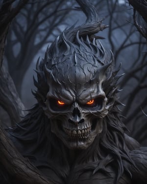 a very muscular demon coming out of a wicked-looking Dry tree, the human skulls are scattered on the ground, dark and evil,demonic,veins, spines, reptile skin