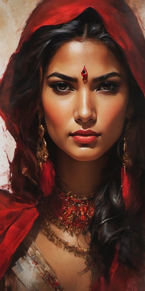 (masterpiece, high quality, 8K, high_res), ((Beautiful Indian deva woman with a laboratory-designed Red silk head designer scarf around her head)), long earrings hanging, the face is facing the camera, ((Front view of the face)), ((very bold look)), Light brown eyes,
She is a love that has no end. She is deadly if you hate her. She  was love at first sight, face in the centre, ((looking at the viewer)), Abstract portrait of a beautiful woman's face, a blend of red & yellow ink drawing, splash style, dramatic lighting, melancholic,  romantic,  loving, elegant, beautiful, inspired by Henry Asencio,