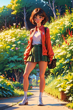 1 Girl, full body, curvy body, high quality, masterpiece, ultra high resolution, looking at viewers, real skin textures, realistic eyes and face details, soft makeup, short fluffy hair, straight hair, light brown eyes, short skirt, nature background, plaid skirts, light red T-shirt, bangs, detailed eyes, perfect hands, perfect feet, hdr, 4k, 8k, ultra HD