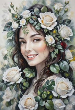 Floral Still Life painting, there are Red, yellow, and white roses and the face of a beautiful woman, green leaves, Vibrant colours, a smile, high key impasto painting, backdrop value scale:4, dark_background, table value scale:3, darkest area value scale:7,high light value scale:1, more detail XL