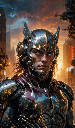 A  super hero stands tall, full-body portrait in polished chrome armor with intricate gold and burgundy accents. blue eyes pierce through the darkness, illuminating a cityscape at dusk. Craig Mullins and H.R. Giger's character design brings forth a sense of otherworldly strength. Realistic digital painting captures every detail, from the armored suit to the subject's determined pose. Cinematic lighting highlights the hero's figure against a misty blue-gray sky, as if suspended in mid-air. A 4K resolution masterpiece, this portrait embodies the essence of futuristic super heroism.,robot,Handsome boy