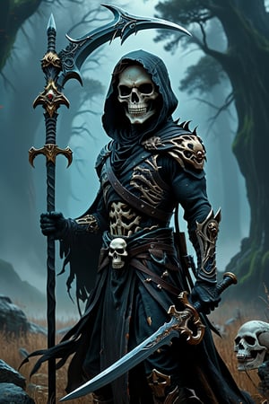 (​masterpiece、top-quality、top-quality、 Aesthetic:1.2)、(1man in:1.3)、Skull face grim reaper wielding a sword and scythe. very muscular arms, big body, epic Instagram, artstations, contour lines, hyperdetailed intricately detailed, Unreal Engine, magnifica, intricate detail, Complementary colour scheme, Realistic concept art, 8K, ​masterpiece, an oil painting, looking_at_camera, caldari, smiling girl,Muscle