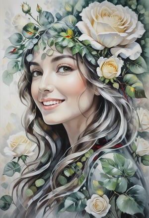 Floral Still Life painting, there are Red, yellow, and white roses and the face of a beautiful woman, green leaves, Vibrant colours, a smile, high key impasto painting, backdrop value scale:4, dark_background, table value scale:3, darkest area value scale:7,high light value scale:1, more detail XL