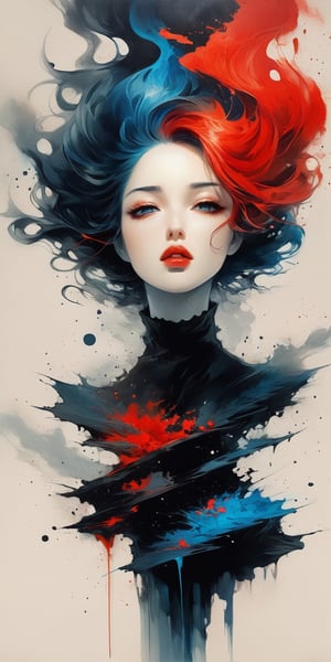(masterpiece, high quality, 8K, high_res), 
She is a disease that cannot be cured. She is a deadly poison. She is a disaster that cannot be prevented. She is the end that is predetermined from the moment we meet.
Abstract portrait of beautiful woman, blend of blue & Red ink drawing, splash style, dramatic, melancholic, sad, romantic, surreal, dark, tragic, elegant, beautiful, inspired by Henry Asencio, 
