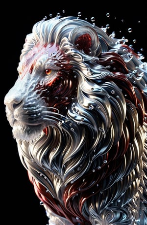 a red and white crystalline Lion head abstract style potrate, in the style of v-ray tracing, flowing draperies, made of liquid metal chrome-plated,  ((look at the viewer)), ((up_close)), black background,

