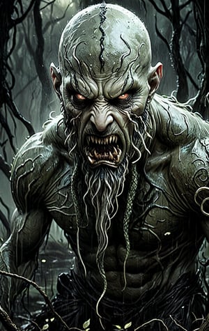 The horror art style of a creepy, an otherworldly creature a man with tentacles coming from his jawline-like beard hanging down, sharp features,:: sharp teeth, angry eyes,:: shaved head,:: very muscular, ::  ghostly skin and a very Muscular body. The background is a spooky look swamp, giving an eerie and unsettling atmosphere. emphasizing its sinister intentions. The overall composition is dark and foreboding, with a focus on the creature's grotesque and unsettling features, lower body immersed in the black misty swamp, and small dry tree branches in the swamp. cinematic composition, trending on ArtStation, volumetric lighting, raytracing,monster,DonMD3m0nV31nsXL,veins,demonic,organic,bio