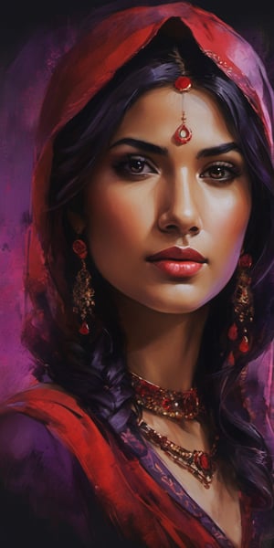 (masterpiece, high quality, 8K, high_res), ((Beautiful Indian deva woman with a laboratory-designed Red silk head designer scarf around her head)), long earrings hanging, the face is facing the camera, ((Front view of the face)), ((very bold look)),
She is a love that has no end. She is deadly if you hate her. She  was love at first sight, face in the centre, ((looking at the viewer)), Abstract portrait of a beautiful woman's face, a blend of red & purple  ink drawing, splash style, dramatic, melancholic,  romantic,  loving, elegant, beautiful, inspired by Henry Asencio, portraitart, portrait art style, night city