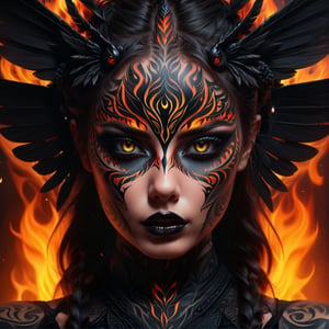 Those eyes are like the fire of a winged insect you’re a funeral pyre. tattoo with styles Tribal, Gothic, Abstract, Surrealism, Blackout, high quality, front face, looking at the viewer, fire in the background, face tattooed, black eye shadow, black lips, glowing fire eyes, cat eye