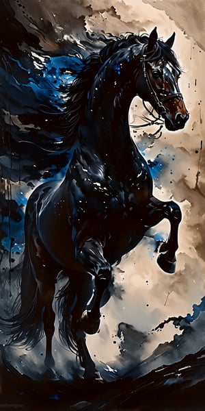 Abstract painting of a Highly detailed powerful Black horse, from view of a perfect horse, a living woods against a backdrop fog, standing majestically, illuminated, focused on the character,  Hue of Blue ink