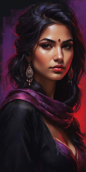 (masterpiece, high quality, 8K, high_res), ((Beautiful Indian deva woman with a laboratory-designed Red silk head designer scarf around her head)), long earrings hanging, the face is facing the camera, ((Front view of the face)), ((very bold look)),
She is a love that has no end. She is deadly if you hate her. She  was love at first sight, face in the centre, ((looking at the viewer)), Abstract portrait of a beautiful woman's face, a blend of red & purple  ink drawing, splash style, dramatic, melancholic,  romantic,  loving, elegant, beautiful, inspired by Henry Asencio, portraitart, portrait art style, night city