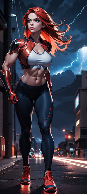 masterpiece,  best quality,  Very muscular woman
outdoors,  A very muscular woman, hands well shown,  standing, super-villain style, leggings, Dramatic lighting, Night time, Thunderstorm background, blue eyes, copper hair, High detailed full body, Head to feet