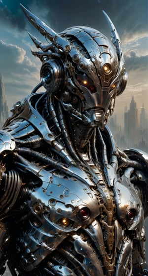 A futuristic super hero stands tall, full-body portrait in polished chrome armor with intricate gold and burgundy accents. blue eyes pierce through the darkness, illuminating a cityscape at dusk. Craig Mullins and H.R. Giger's character design brings forth a sense of otherworldly strength. Realistic digital painting captures every detail, from the armored suit to the subject's determined pose. Cinematic lighting highlights the hero's figure against a misty blue-gray sky, as if suspended in mid-air. A 4K resolution masterpiece, this portrait embodies the essence of futuristic super heroism.,robot