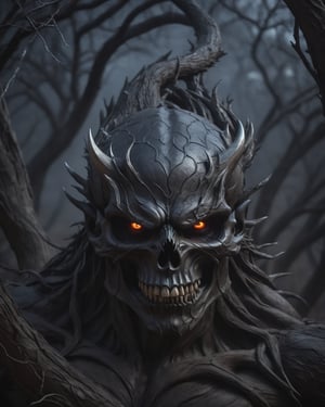 a very muscular demon coming out of a wicked-looking Dry tree, the human skulls are scattered on the ground, dark and evil,demonic,veins, spines, reptile skin