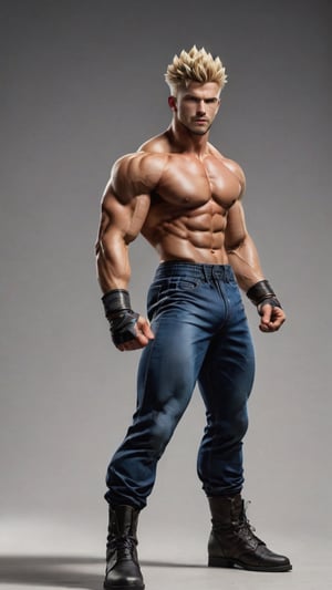  Budokai, standing pose, ,jaeggernawt, fighting_stance, basic_background
realistic, photo-real,  muscular body, bare chest, chiselled face, black ankle boots, 