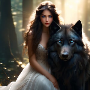 Full body  dark long brown haired girl wearing a white flowy gown with blue eyes hugging a giant black wolf with piercing blue eyes in a  forest
