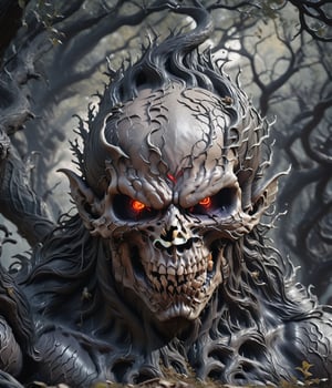 a very muscular demon coming out of a wicked-looking tree, the human skulls are scattered on the ground, dark and evil