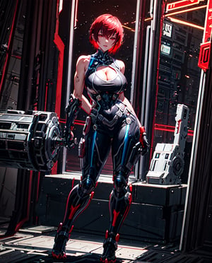 masterpiece,  best quality, 1girl, solo, large breasts, bare arms,  outdoors,  night  sky, sitting, looking at the viewer, cleavage cutout,  steel armor, Bald head, bangs, red eyes, No hair, High detailed, Epic Logo, Cyberpunk, High detailed full body, Head to feet
