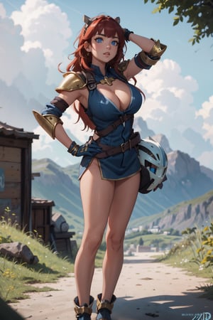 masterpiece,  best quality, 1girl, solo, large breasts,  no panties, bare arms,  outdoors,  blue sky, standing, hand on hip,  cleavage cutout,  golden armor, helmet,  long hair, bangs, blue eyes,  red hair, High detailed, EpicLogo, Darryl