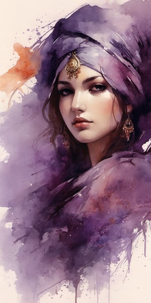 (masterpiece, high quality, 8K, high_res), ((Beautiful Indian deva woman with a head scarf around her head)), long earrings handing, face is facing the camera, view from hip to head,
She is a love that has no end. She is deadly if you hate her. She  was love at first sight, face in the centre, ((looking at the viewer)), Abstract portrait of a beautiful woman's face, a blend of red & purple  ink drawing, splash style, dramatic, melancholic,  romantic, watercolour painting, loving, elegant, beautiful, inspired by Henry Asencio, ,portraitart,portrait art style,night city