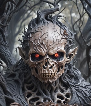 a very muscular demon coming out of a wicked-looking tree, the human skulls are scattered on the ground, dark and evil