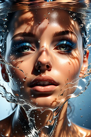 Ultra realistic illustration of female face. Macro view,water explosion on a glass BREAK scattering of water particles as flow of electricity.amazing details, perfect lighting and  reflections,unreal engine 5, RTX on,ultra HD, 8k, intricate, masterpiece,galaxy00
