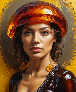 A jelly style portrait of an attractive ripe woman, dark palette,  high resolution and contrast and colour contrast,  intricately textured and extremely subtle detailed,  detailmaster2,  dark palette,  yellow background, side-light , ultra quality,  fine artwork 