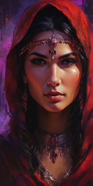 (masterpiece, high quality, 8K, high_res), ((Beautiful Indian deva woman with a laboratory-designed Red silk head designer scarf around her head)), long earrings hanging, the face is facing the camera, ((Front view of the face)), ((very bold look)),
She is a love that has no end. She is deadly if you hate her. She  was love at first sight, face in the centre, ((looking at the viewer)), Abstract portrait of a beautiful woman's face, a blend of red & purple  ink drawing, splash style, dramatic, melancholic,  romantic,  loving, elegant, beautiful, inspired by Henry Asencio, portraitart, portrait art style, night city