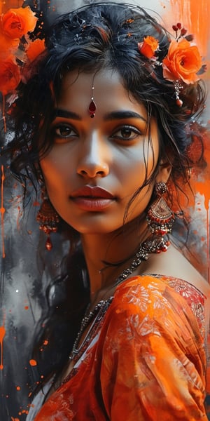 (masterpiece, high quality, 8K, high_res), ((Beautiful Indian woman)),
She is a love that has no end. She is deadly if you hate her. She  was love at first sight, face in the centre, ((looking at the viewer)), Abstract portrait of a beautiful woman's face, a blend of orange & Red ink drawing, splash style, dramatic, melancholic,  romantic, watercolour painting, loving, elegant, beautiful, inspired by Henry Asencio, 
,night city