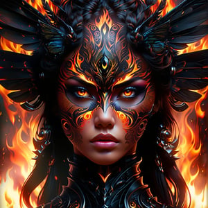 Those eyes are like the fire of a winged insect you’re an inferno armour, full body  Tribal style tattoo, Gothic design Armour, Abstract, Surrealism, Blackout, high quality, tattooed front face, looking at the viewer, fire in the background, face tattooed, black eye shadow, InBlackHoleTechAI