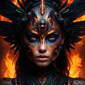 Those eyes are like the fire of a winged insect you’re an inferno armour, full body  Tribal style tattoo, Gothic design Armour, Abstract, Surrealism, Blackout, high quality, front face, looking at the viewer, fire in the background, face tattooed, black eye shadow, InBlackHoleTechAI