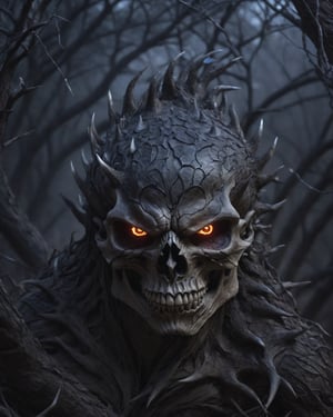 a very muscular demon coming out of a wicked-looking Dry tree, the human skulls are scattered on the ground, dark and evil,demonic,veins, spines, reptile skin