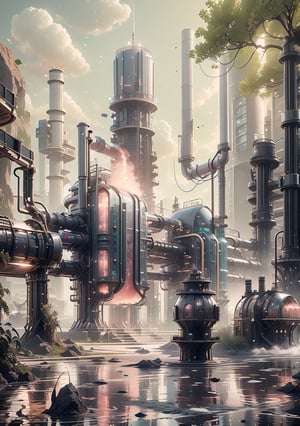 BiophyllTecSci-Fi factory, big generators, huge pipes, Boilers, Analytical Instruments like Monitor display screens, Cooling Towers, biomass to the combustion area, exhaust coming out of pipes for generators, huge Fuel Storage units, Control Rooms, Science fiction, digital_art, high_resolution, 8k,
,no_humans,cinematic,wrench_elven_arch,DonMC3l3st14l3xpl0r3rsXL