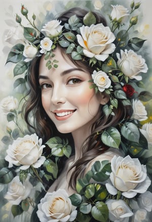 Floral Still Life painting, there are Red, yellow, and white roses and the face of a beautiful woman, green leaves, a smile, high key impasto painting, backdrop value scale:4, dark_background, table value scale:3, darkest area value scale:7,high light value scale:1, more detail XL