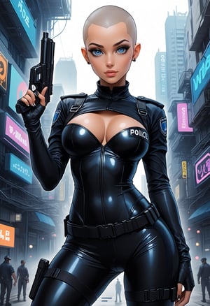 very beautiful:: sexy police girl in police uniform, cute face, big eyes:: detailed eyes, beautiful lips, glossy lips, hourglass body, cyberpunk elements, normal breasts,  cleavage, skin-tight lather pants, knee-high pointed boots. (shaved head), cyberpunk, elegant standing pose, perfect hands and fingers, perfect eyes, perfect body, HD quality, highly detailed, high-tech details, cosmic illustration mixed media by Pablo Amaringo  ethereal fantasy hyperdetailed:: clean bold Line Drawing, ink art, comic style shading, cross-hatching style:: white background,lineart,LineAniAF