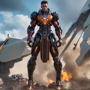 futuristic:1.4, cyberpunk:1.7, british men, A fashion model, emerald ultimate warrior armor:1:9, (weapon, large ultimate king blade:1.6), (black, military haircut, perfect:1.6), (blue eyes, perfect, detailed, defined:1.5), (detailed, defined, pretty, perfect face:1.6), full lips:1.4, detailed shadows, definite body features, textured skin, highly detailed skin, (athletic:1.7), (smilling:1.4), RAW full body photo, gigantic mechanical arms:1.9, perfect feet, perfect legs, perfect hands, perfect arms, 
(street of the future background:1.5), 8K, High quality, Masterpiece, Best quality, HD, Extremely detailed, voluminetric lighting, Photorealistic,perfecteyes,3d style,beautymix,3d toon style,DonMCyb3rN3cr0XL ,DonMF43XL,cyborg,mecha,Ultron 