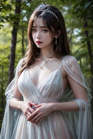 ((Realistic light、top-quality、8K、​masterpiece:1.3)), a pretty princess, a dark and foreboding forest, torn transparent white dress clings to her, long-legged, thick body, tall stature, diamond-studded earrings, a shimmering necklace, gold diamonds tiara, The forest is shrouded in mist, with gnarled trees, rain pours from the sky, looking at viewer, view front below, nsfw, crying_with_eyes_open,