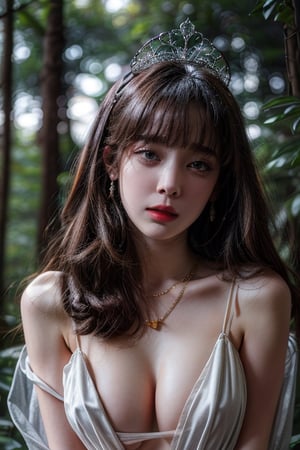 ((Realistic light、top-quality、8K、​masterpiece:1.3)), a pretty princess, a dark and foreboding forest, torn transparent white dress clings to her, long-legged, thick body, tall stature, diamond-studded earrings, a shimmering necklace, gold diamonds tiara, The forest is shrouded in mist, with gnarled trees, rain pours from the sky, looking at viewer, view front below, nsfw, crying_with_eyes_open