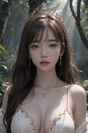 (8k, RAW photo, photorealistic:1.25), (large breasts), (highly detailed skin:1.2) , transparent stola , golden-diamonds tiara, bracelets, heavy necklace, earring, glowing magical staff , misty forest background, bangs, blunt bangs, ulzzang, afraid face ((looking at viewers)), loose brown hair,1 girl, running, dark ambience, the sun's rays penetrate through the crowns of trees, erect nipple