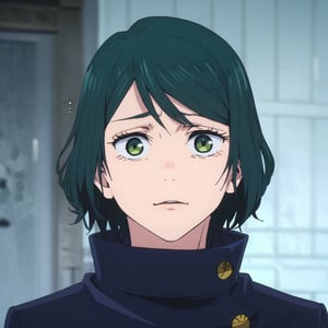 1girl ((best quality)), ((highly detailed)), masterpiece, ((official art)), detailed face, bangs, beautiful face, sleepy green eyes, calm expression, calm, short curly dark green hair, intricately detailed, Jujutsu Kaisen uniform, depth of field, best quality, tone mappin. high resolution, official art, Anime,Jujutsu Kaisen Season 2 Anime Style,