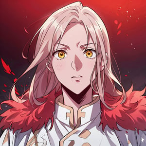 masterpiece, best quality, ultra detailed, highly detailed, perfect face, 1man, white shoulder length hair, yellow eyes (perfect male body), white milityar outfit with gold and red, dark colors, red tones, night, war, battlefield, particles in the environment, ,manhwa-artstyle, fine anime screencap , anime screencap