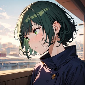 1girl ((best quality)), ((highly detailed)), masterpiece, detailed face, bangs, beautiful face, sleepy green eyes, calm expression, calm, short curly dark green hair, intricately detailed, Jujutsu Kaisen uniform. blushing, delicate, angelic, sky, stars 