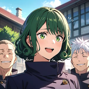 1girl ((best quality)), ((highly detailed)), masterpiece, detailed face, bangs, beautiful face, sleepy green eyes, calm expression, calm, short curly dark green hair, intricately detailed, Jujutsu Kaisen uniform. blushing, delicate, angelic, sky, stars, laughing beautifully with other people  