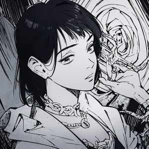  masterpiece, best quality, portrait, ultra detailed, 1 woman, highly detailed, perfect face, upper body, beautiful girl with a cute choker around her neck and a snake necklace, dark hair, curtain bangs, masterpiece. urasawa style,urasawastyle