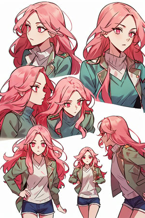 set of expressions, Masterpiece, best quality, ultra detailed, very detailed, perfect face. A young woman with long pink hair and matching pink eyes, wearing a military green jacket and shorts (multiple expressions, multiple angles)