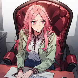 Masterpiece, best quality, ultra detailed, highly detailed, perfect face.   A young woman with long pink hair and matching pink eyes, dressed in an army green jacket and shorts.   Close-up from the front.  She sat in a swivel chair, with a blank expression on her face.   The background is intentionally blurred, with dark, moody colors dominating the atmosphere.   Her hair moves slightly, adding a sense of eerie stillness to the scene.   The camera angle is close, capturing every detail of her face and her clothes.   The lighting is soft and casts shadows that enhance the mood of the scene.   Despite the movement of her hair, the overall feeling is one of static emptiness, reflecting the sense of disillusionment conveyed.
