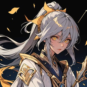 a woman, long gray hair collected in a ponytail, golden eyes, light alo on the head, Holding a white bow, golden details, arrows of light, plowing. Celestial background                                                                                                                                                                                                                                                                                                                                                                                                                                                                                                                                                                       ,genshinweapon