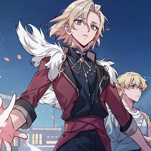 masterpiece, best quality, ultra detailed, highly detailed. 1man, 17 years old, short blonde hair, gray eyes, elegant gray and black clothing, wizard oufit, casting a spell, clothes moving in the wind, epic, (perfect male anatomy) dark colors, background universe, attractive, night, particles surrounding the environment ,manhwa-artstyle,fine anime screencap, anime screencap