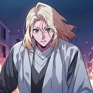 masterpiece, best quality, ultra detailed, highly detailed. 1man, 20 years old, blonde hair, gray eyes, elegant gray and black clothing, (perfect male anatomy) dark colors, background universe, hot, attractive, night, particles surrounding the environment ,manhwa-artstyle,fine anime screencap, anime screencap